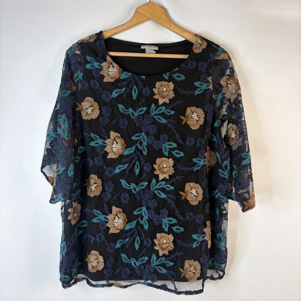 Catherines Embroidered Floral Mesh Blouse Women 0X Black 3/4 Sleeve Lined Top